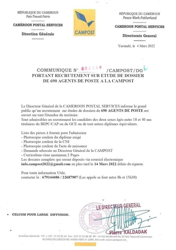 Recrutement au Cameroun: 690 Agents de poste a la CAMPOST