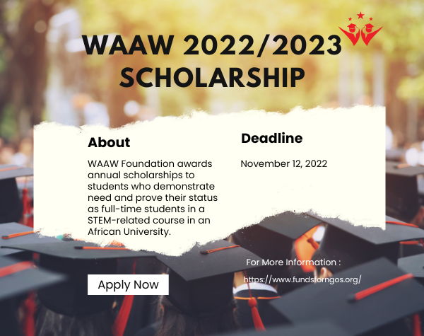 Grant Opportunities: WAAW Foundation Scholarship for Need-based Undergraduate Female African Students